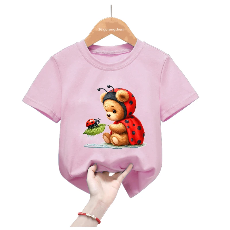 Camiseta rosa manga corta niña con mariquita y flores animales - imagen 4