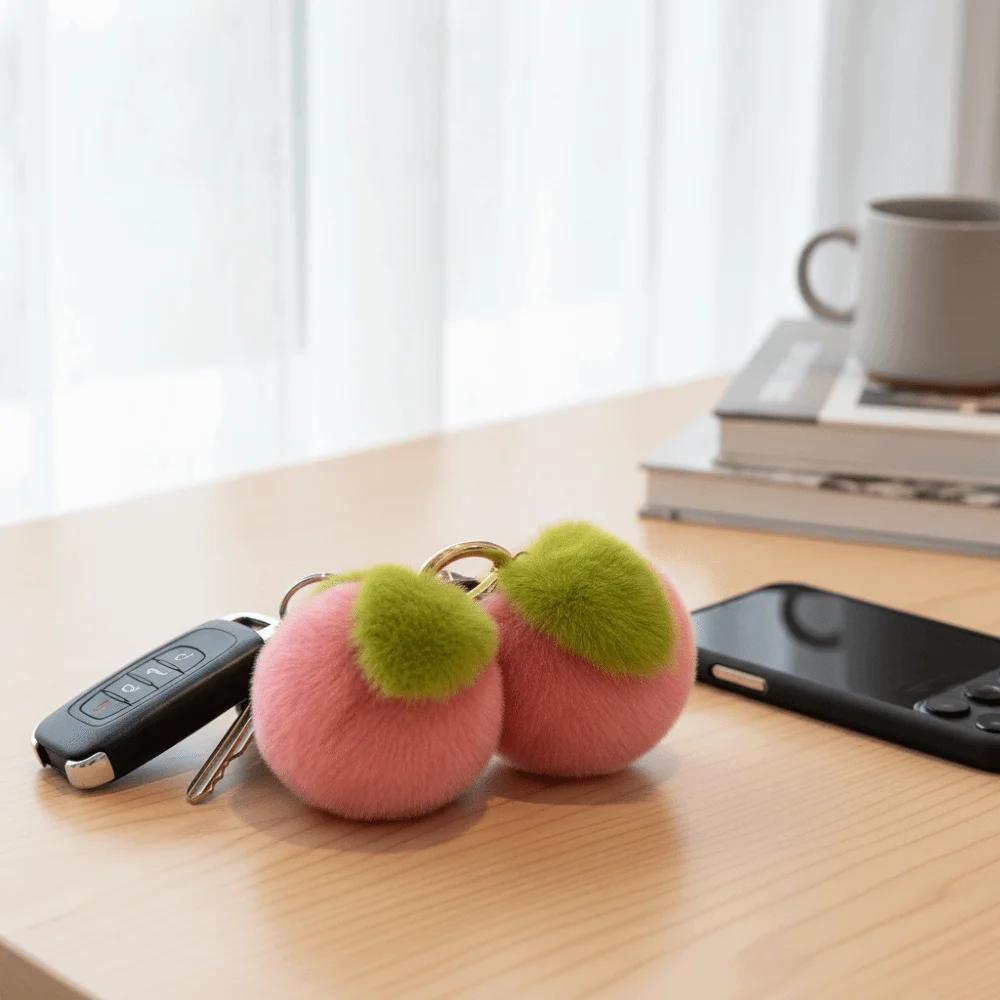 Fruitthema llavero de peluche melocotón rosa suave, estilo tierno - imagen 2