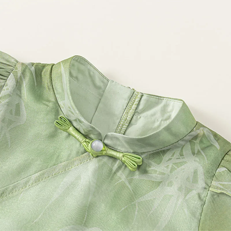 Vestido de verano para niña estilo cheongsam verde sin mangas - imagen 3
