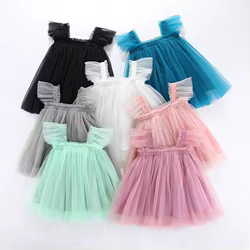 MILANCEL Vestido verano niña de tul con tirantes y mangas voladoras