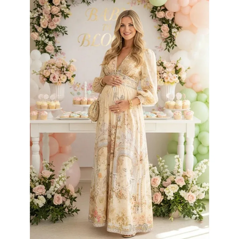 Vestido maxi boho floral de manga larga para sesión fotos embarazo
