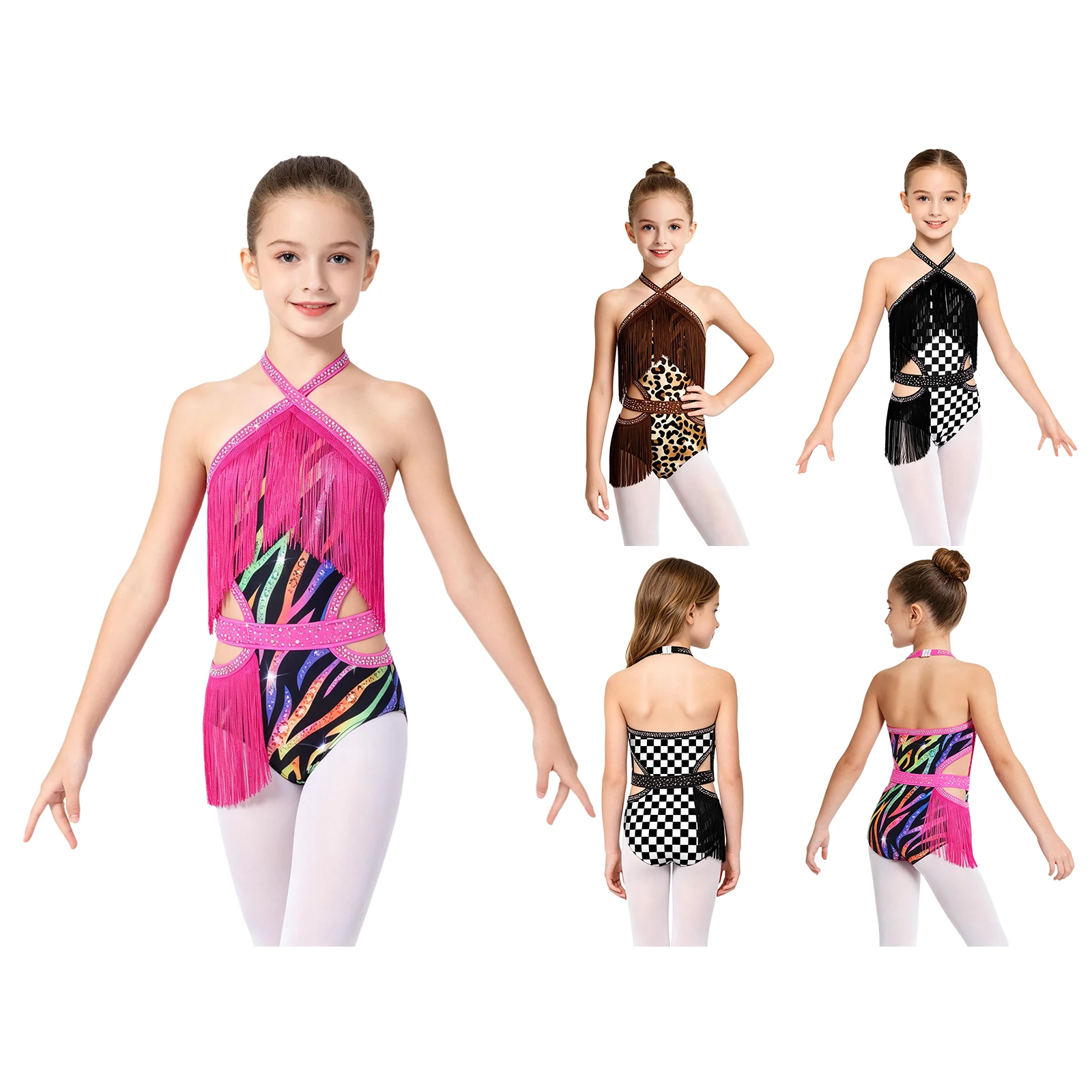 Traje de danza latina para niña con pedrería y borlas