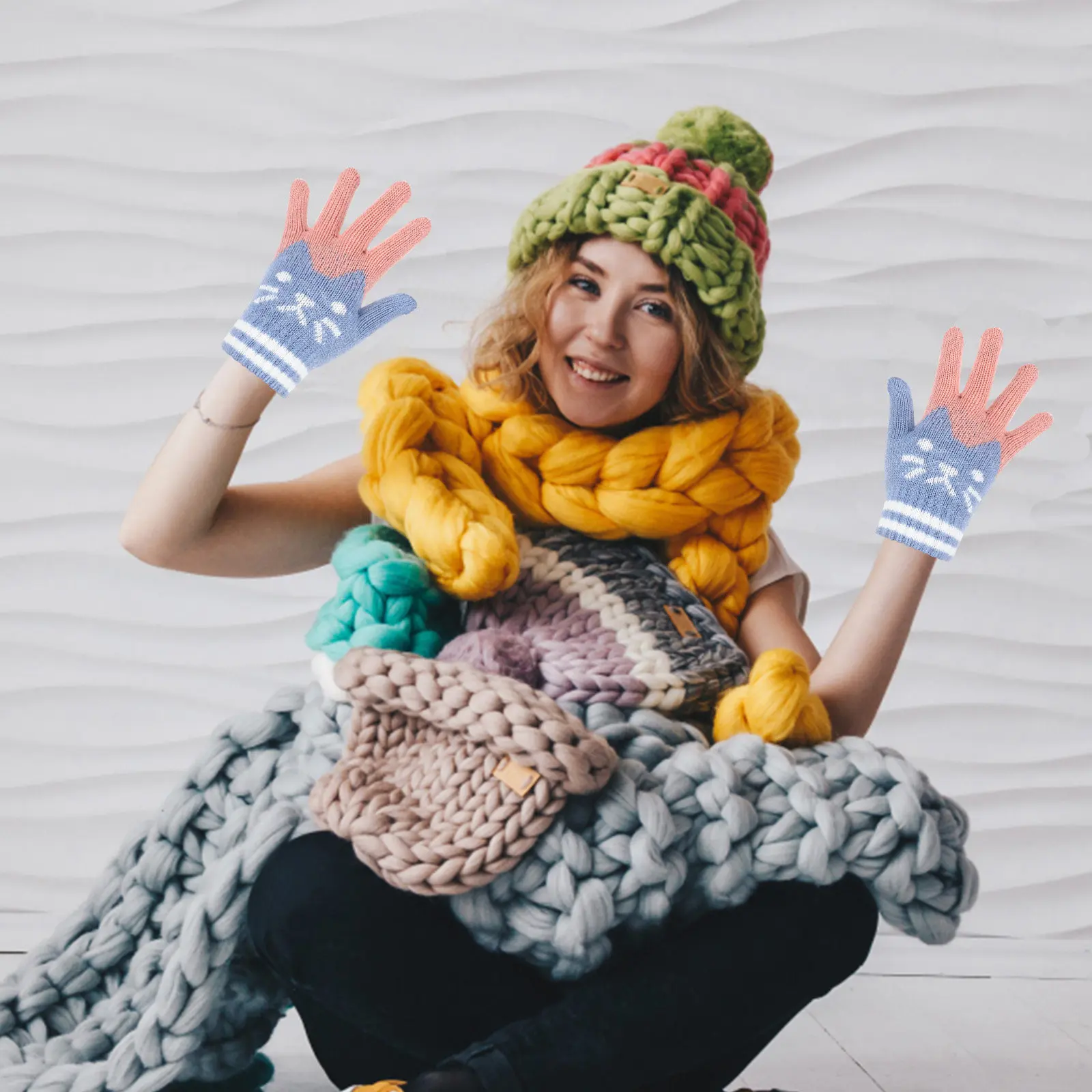 Guantes de invierno cálidos para niños tejidos con gatitos - imagen 5