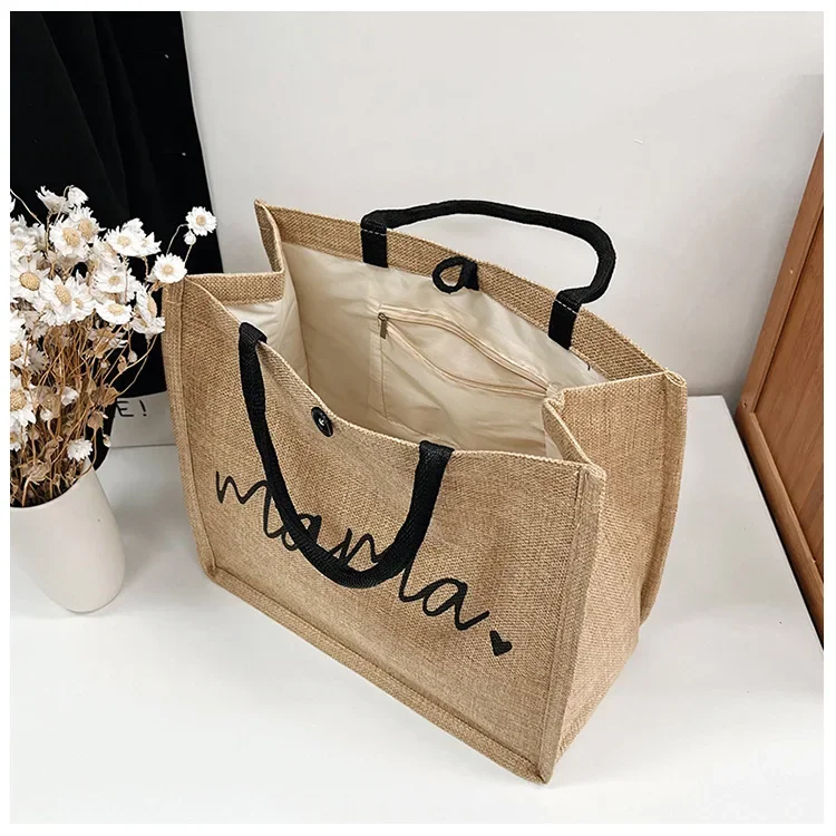 Bolso shopper de lino con letras para mamá, gran capacidad práctica - imagen 3