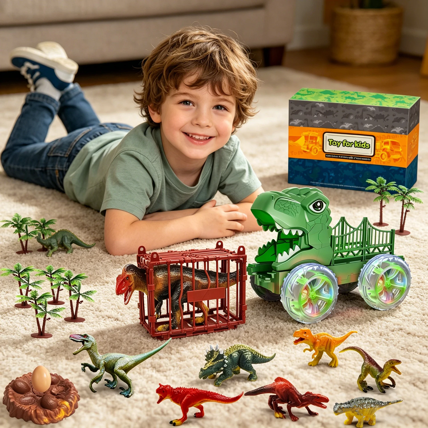 Camión T-Rex dinosaurios con figuras para niños, juego de transporte - imagen 3