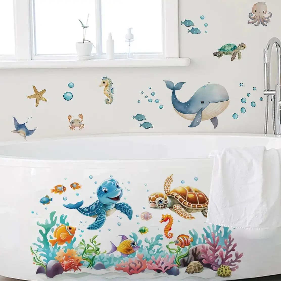 Pegatina mural acuarela de animales marinos con coral y tortuga - imagen 5