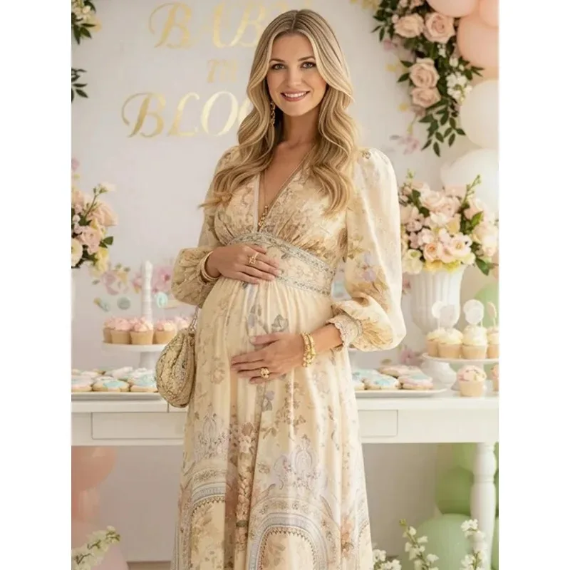 Vestido premamá vintage floral de manga larga para fotos boho - imagen 3