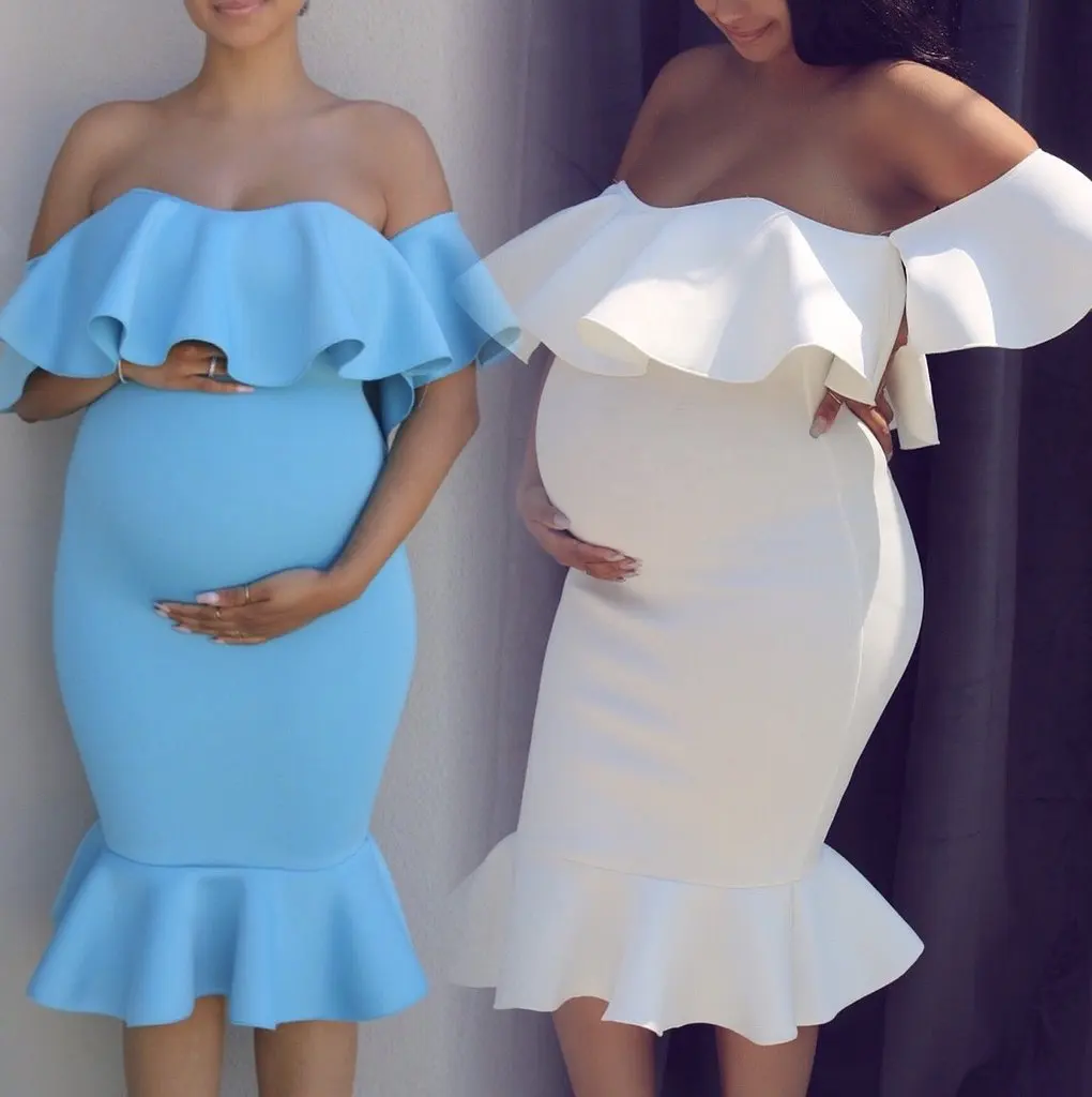 Vestido de maternidad largo elástico con cuello de volantes para fotos - imagen 3