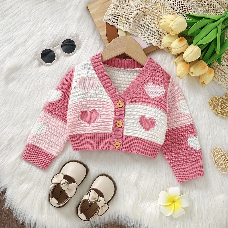 Chaquetas de punto corazón rosa bebé niños otoño invierno - imagen 3