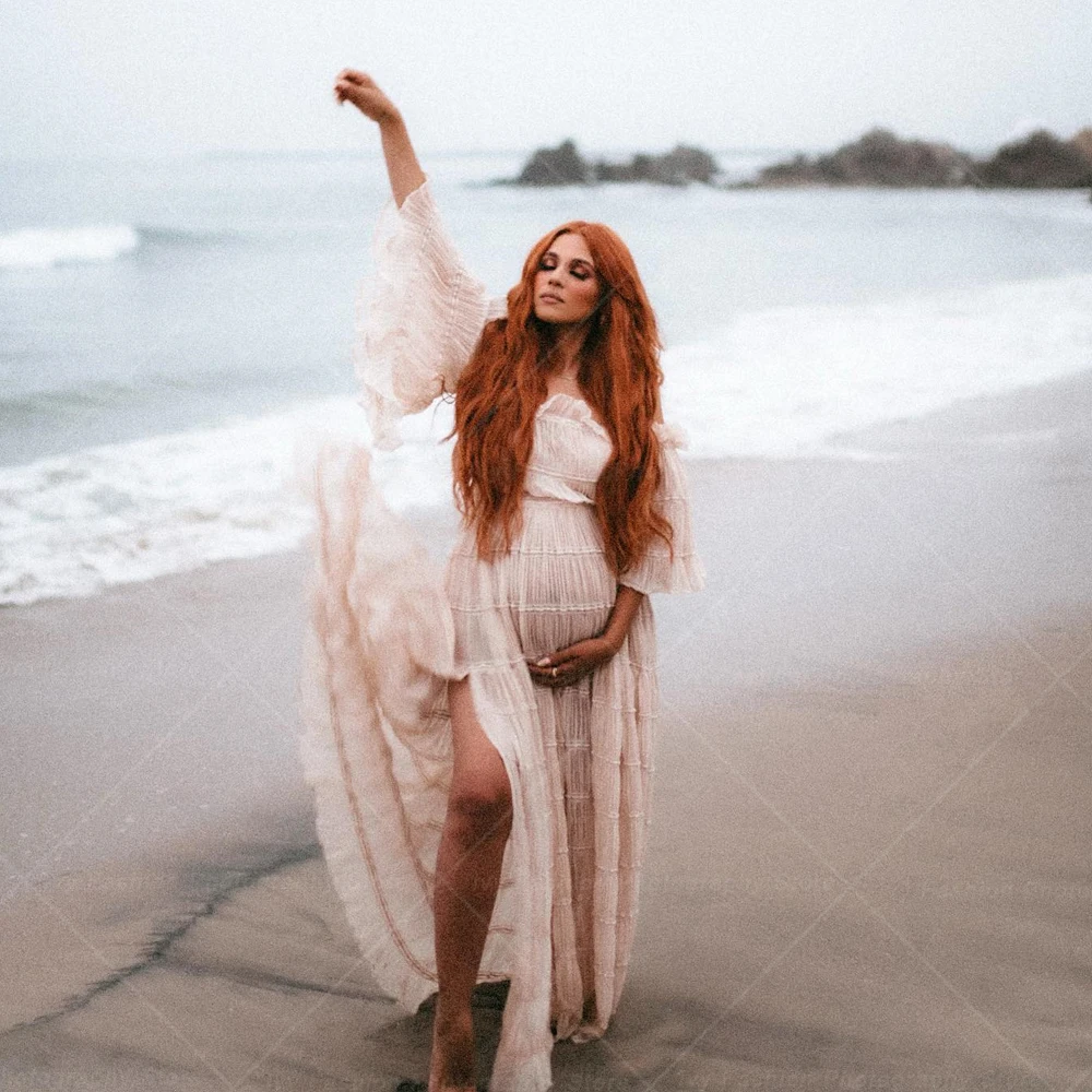 Vestido maternidad bohemio plisado de gasa y tul para sesión de fotos - imagen 3
