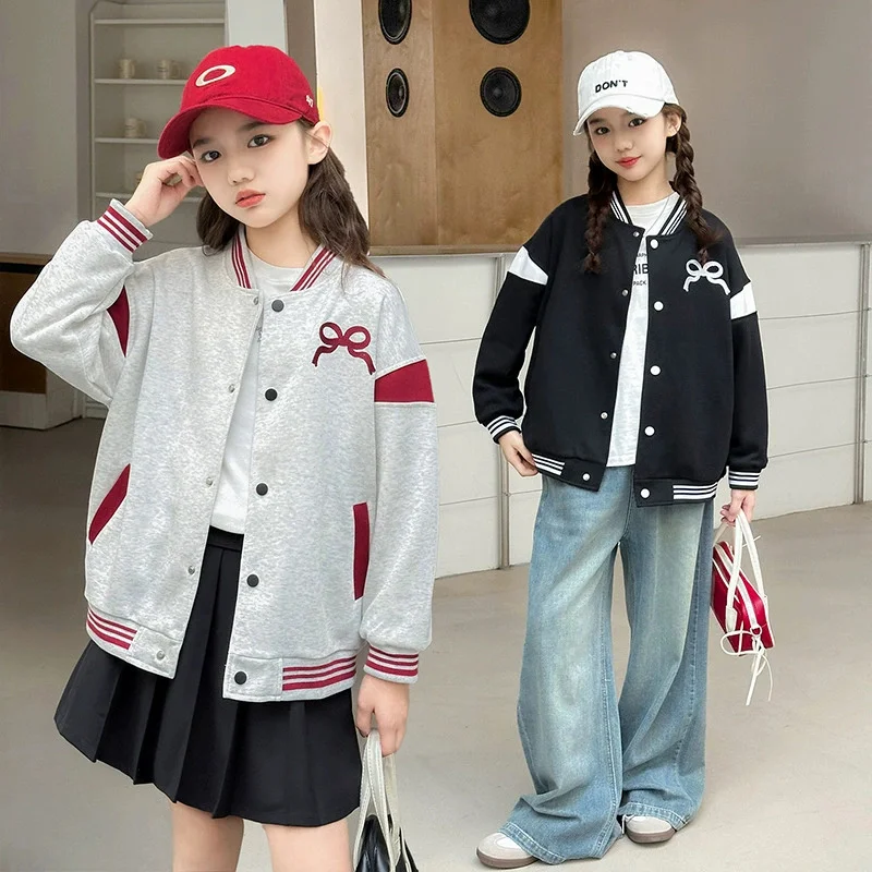 Chaqueta de béisbol para niña con lazo y estilo casual de primavera