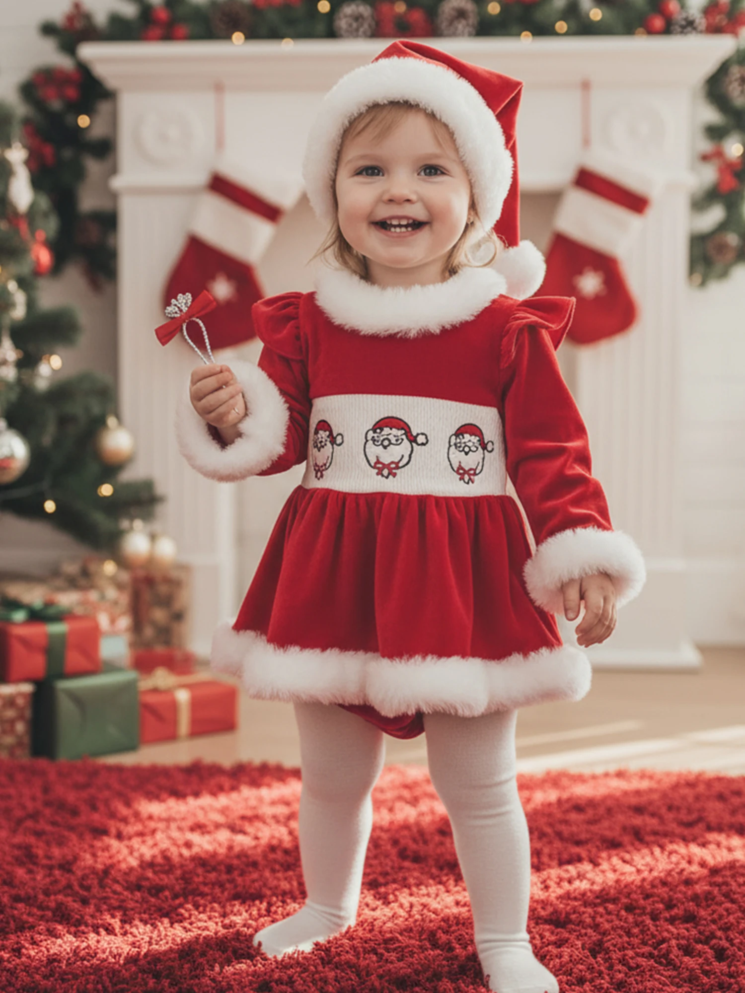 Detalle del bordado navideño en el mameluco/vestido
