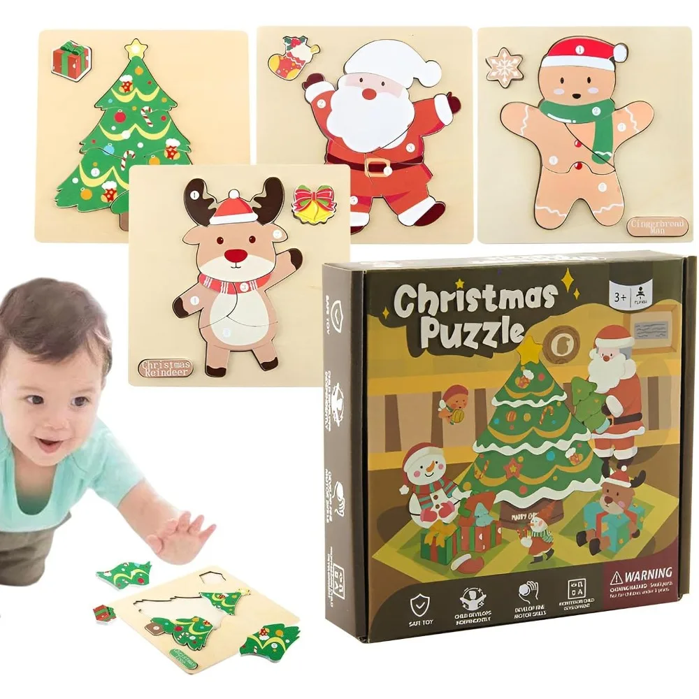 Rompecabezas de madera infantil Navidad con Papá Noel y reno - imagen 3