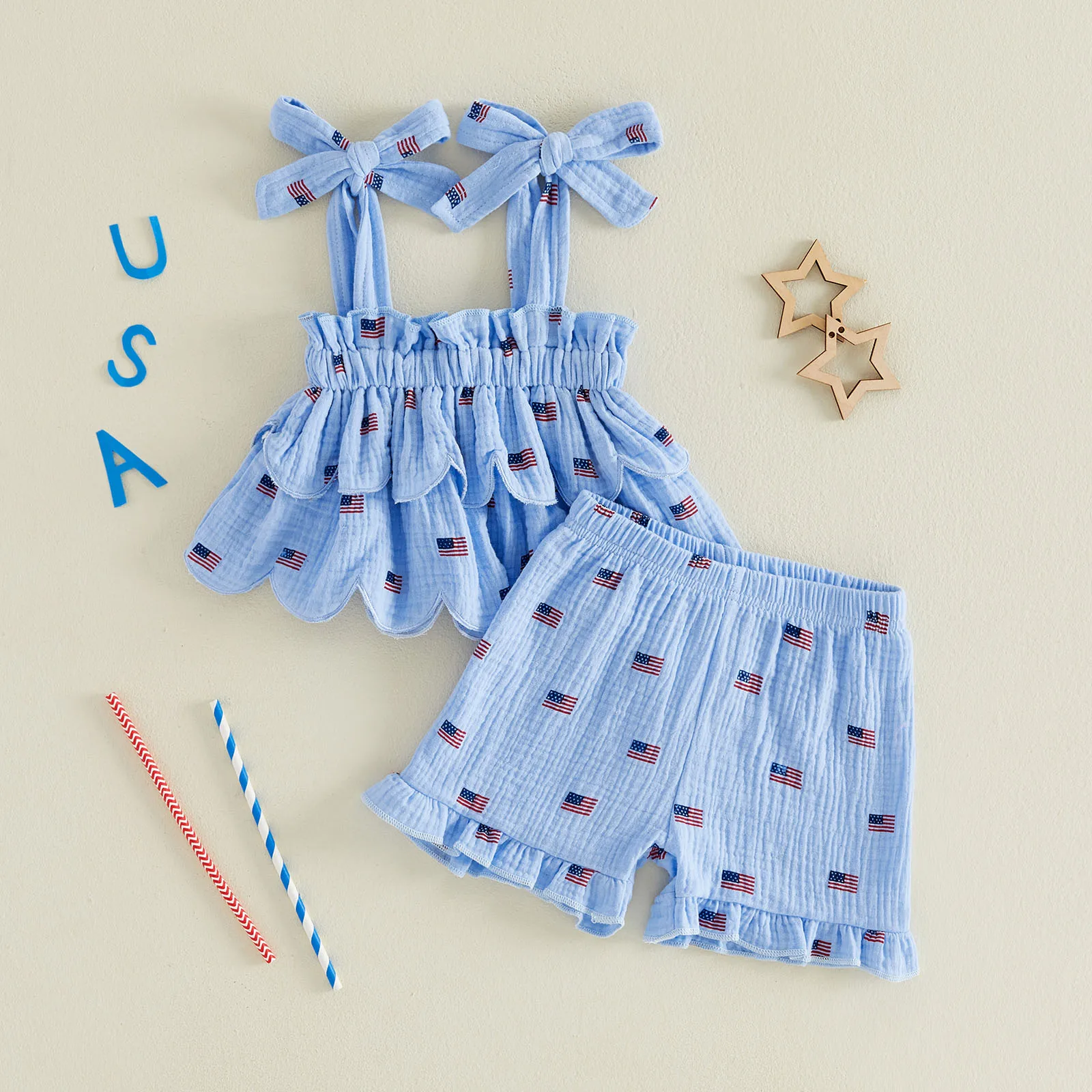 Conjunto de verano para niña sin mangas con volantes estampado bandera - imagen 3