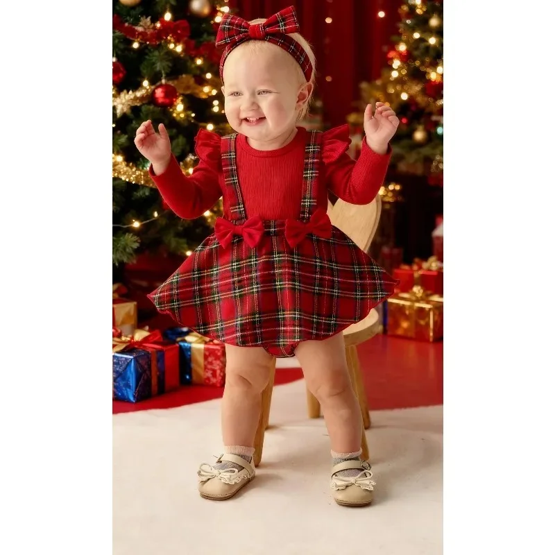 Pelele de Navidad recién nacido a cuadros rojos con volantes - imagen 2