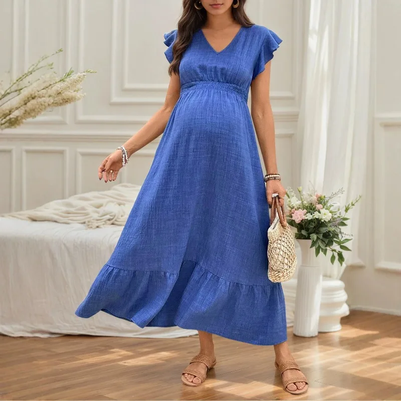 Vestido de embarazo largo con volantes y cuello en V para verano - imagen 4