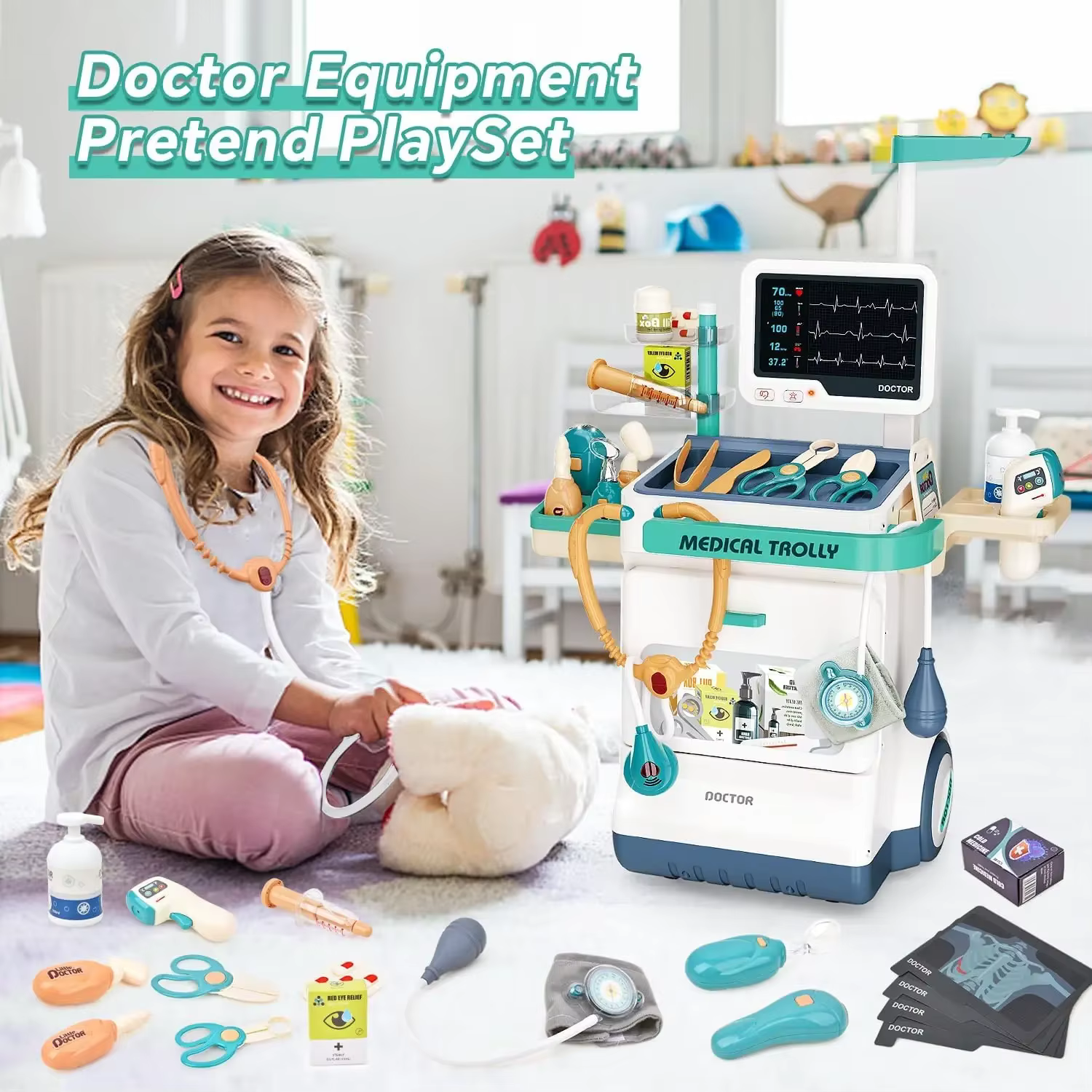 Juego médico infantil con carro con ruedas