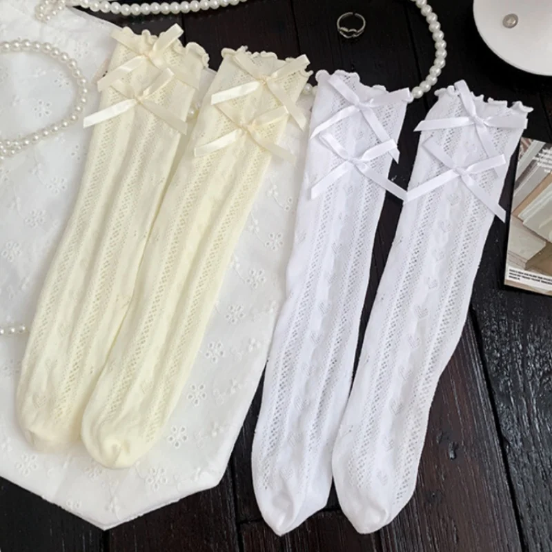 Calcetines de encaje altos para niña de verano con corazón y lazo