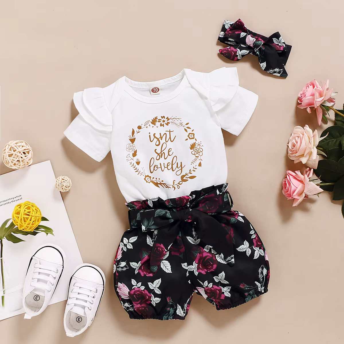 Conjunto verano para bebé niña: pelele y shorts florales con diadema - imagen 3