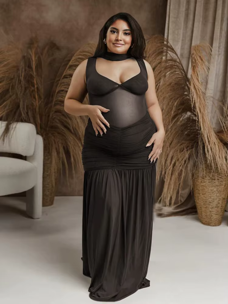 Vestido maternidad negro malla transparente sesión fotográfica embarazo - imagen 4