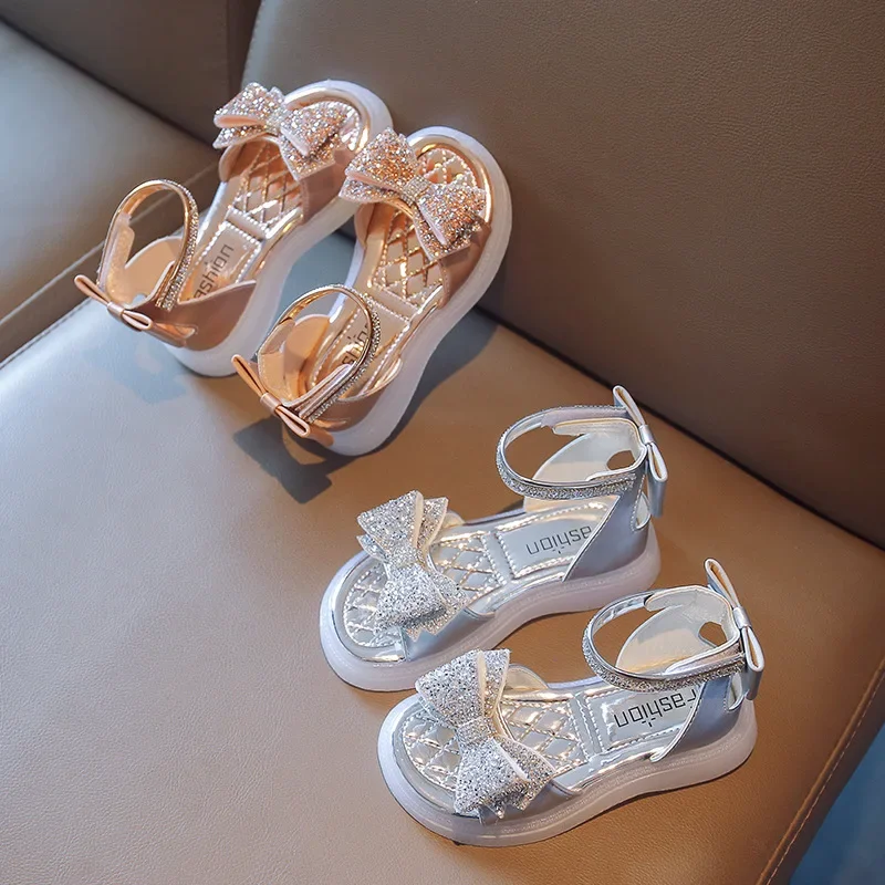 Sandalias planas antideslizantes con lazo brillante para niñas - imagen 3