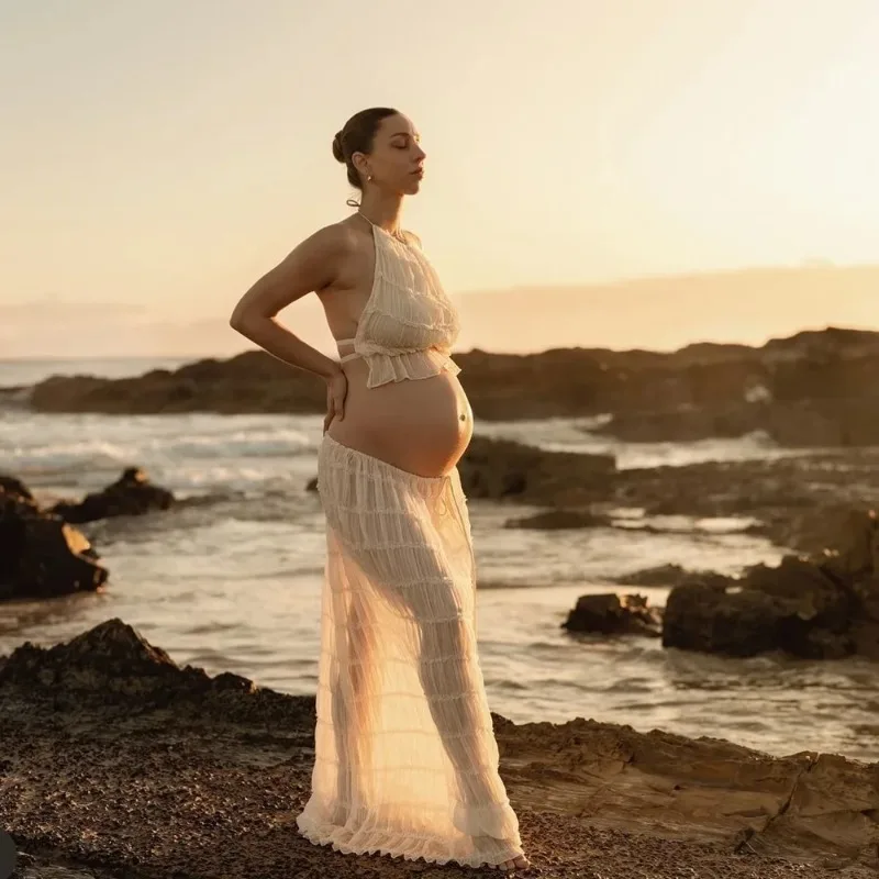 Vestido de maternidad plisado con tirantes para sesiones de fotos - imagen 5