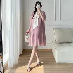 Vestido de maternidad elegante de gasa plisada con lazo y botones