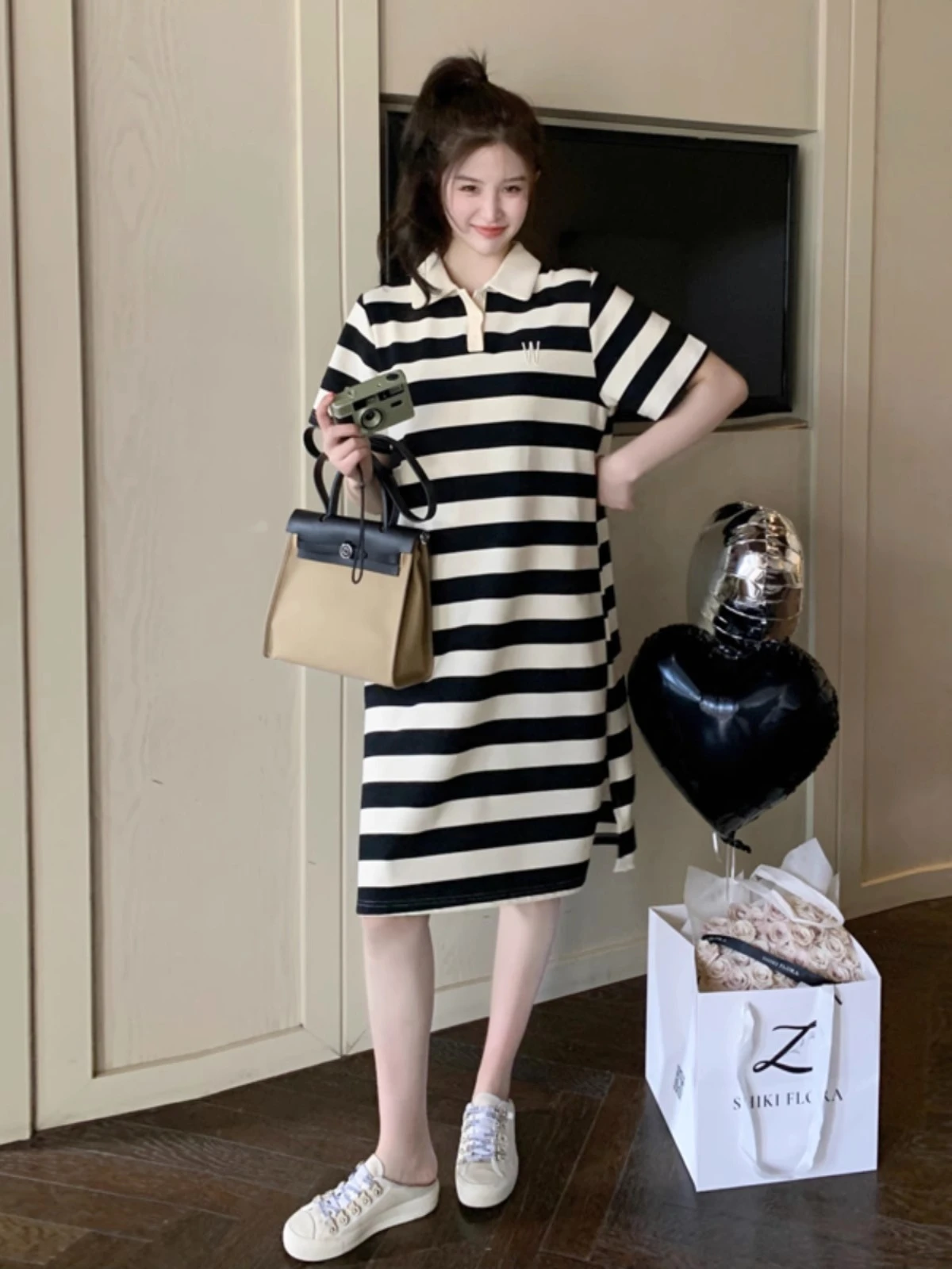 Vestido de punto maternity estilo preppy con cuello vuelto de rayas - imagen 3