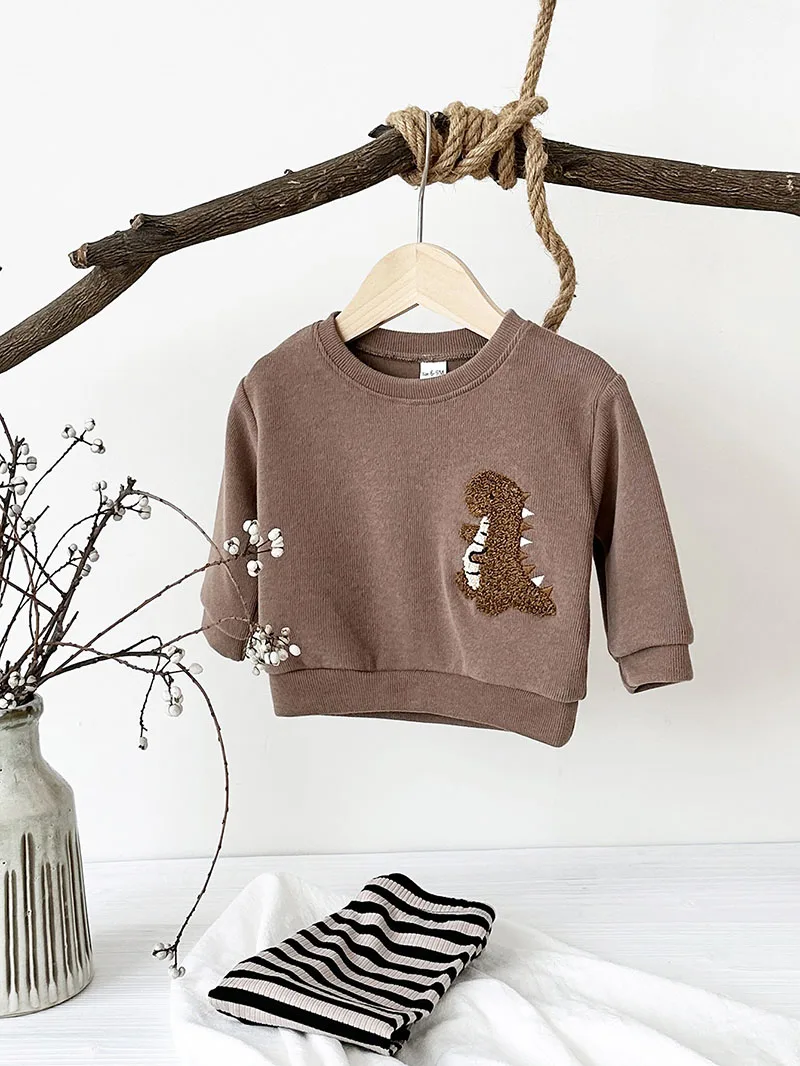 Detalle del bordado de dinosaurio en la sudadera