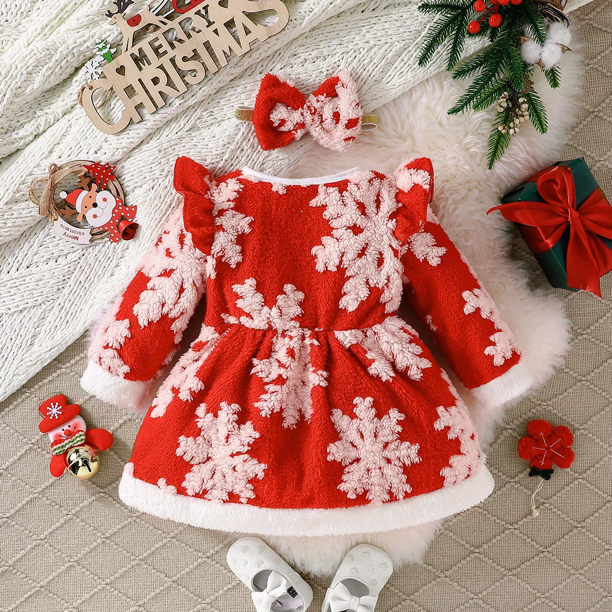 Vestido navideño para niñas - Estampado invernal con banda pelo - imagen 4
