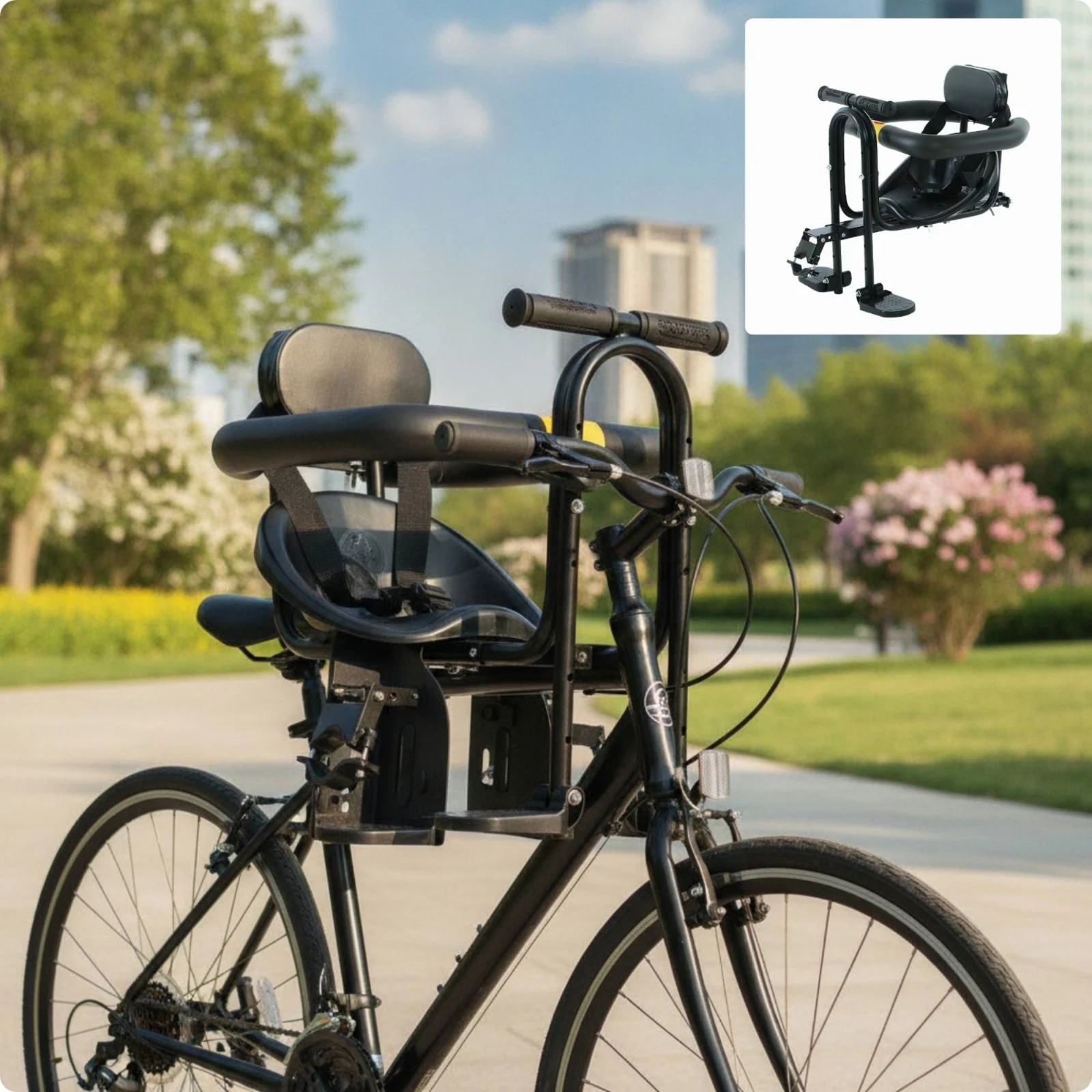 Asiento delantero bicicleta infantil acolchado con arnés y reposapiés - imagen 4