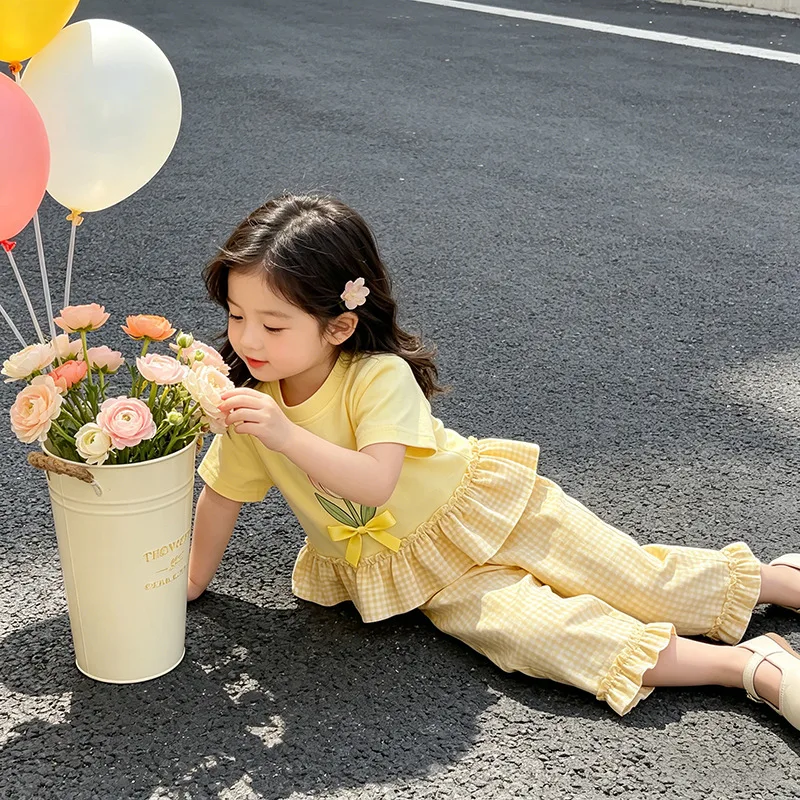 Conjunto de verano niña Somenie con camiseta a cuadros y lazo - imagen 5