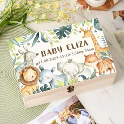 Caja de madera personalizada con animales del bosque para bebé
