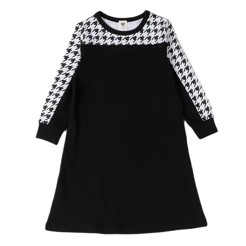 Vestido pata de gallo negro de algodón para niñas - Manga larga