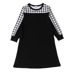 Vestido pata de gallo negro de algodón para niñas - Manga larga