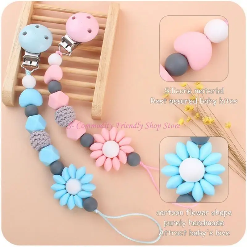 Chupete de silicona con clip para dentición y anillas florales - imagen 4