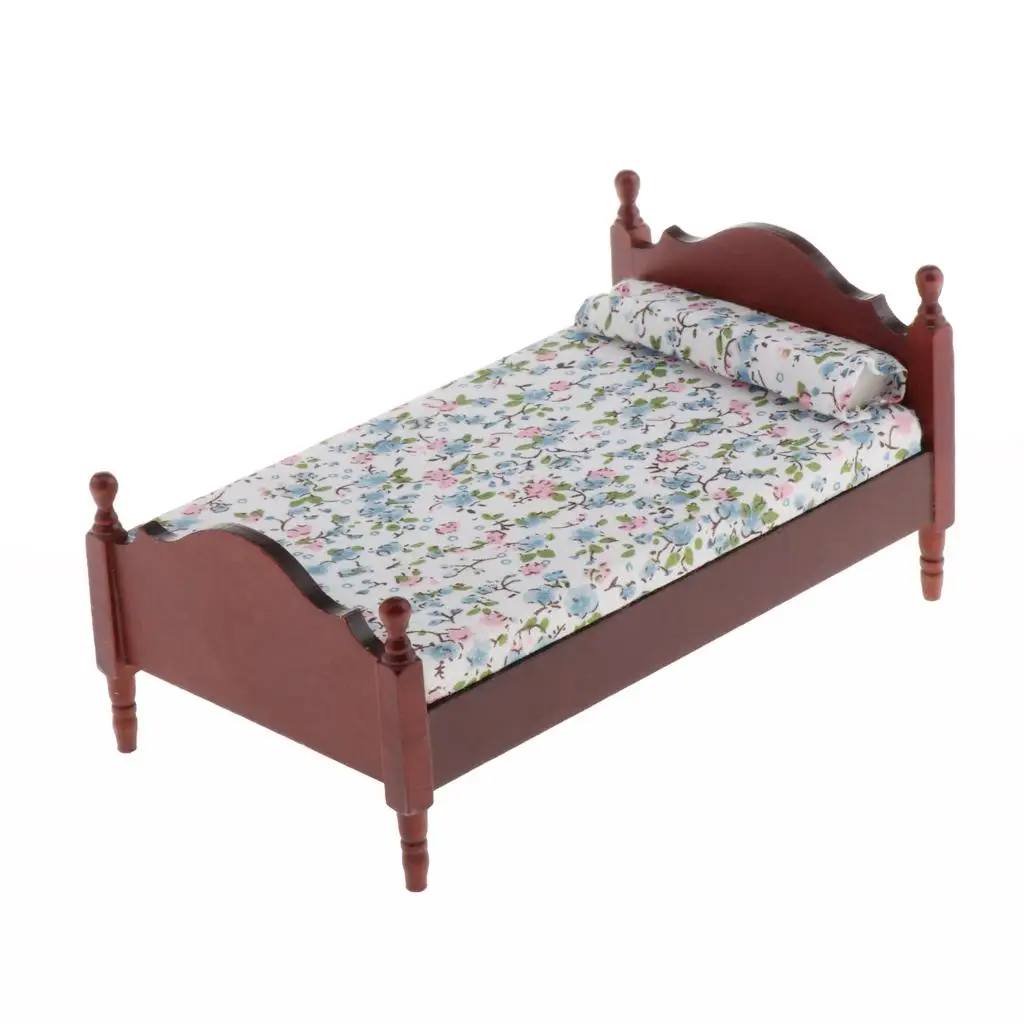 Cama individual en miniatura estilo vintage para casa de muñecas