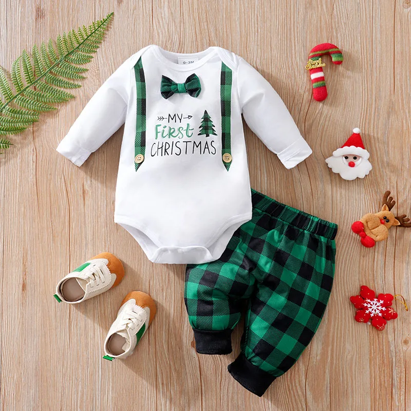 Conjunto navideño recién nacido unisex de manga larga a cuadros verdes