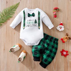 Conjunto navideño recién nacido unisex de manga larga a cuadros verdes