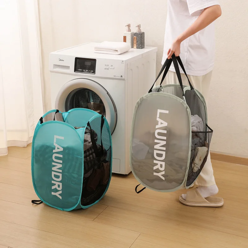 Cesto para ropa sucia plegable de malla con asas pop-up