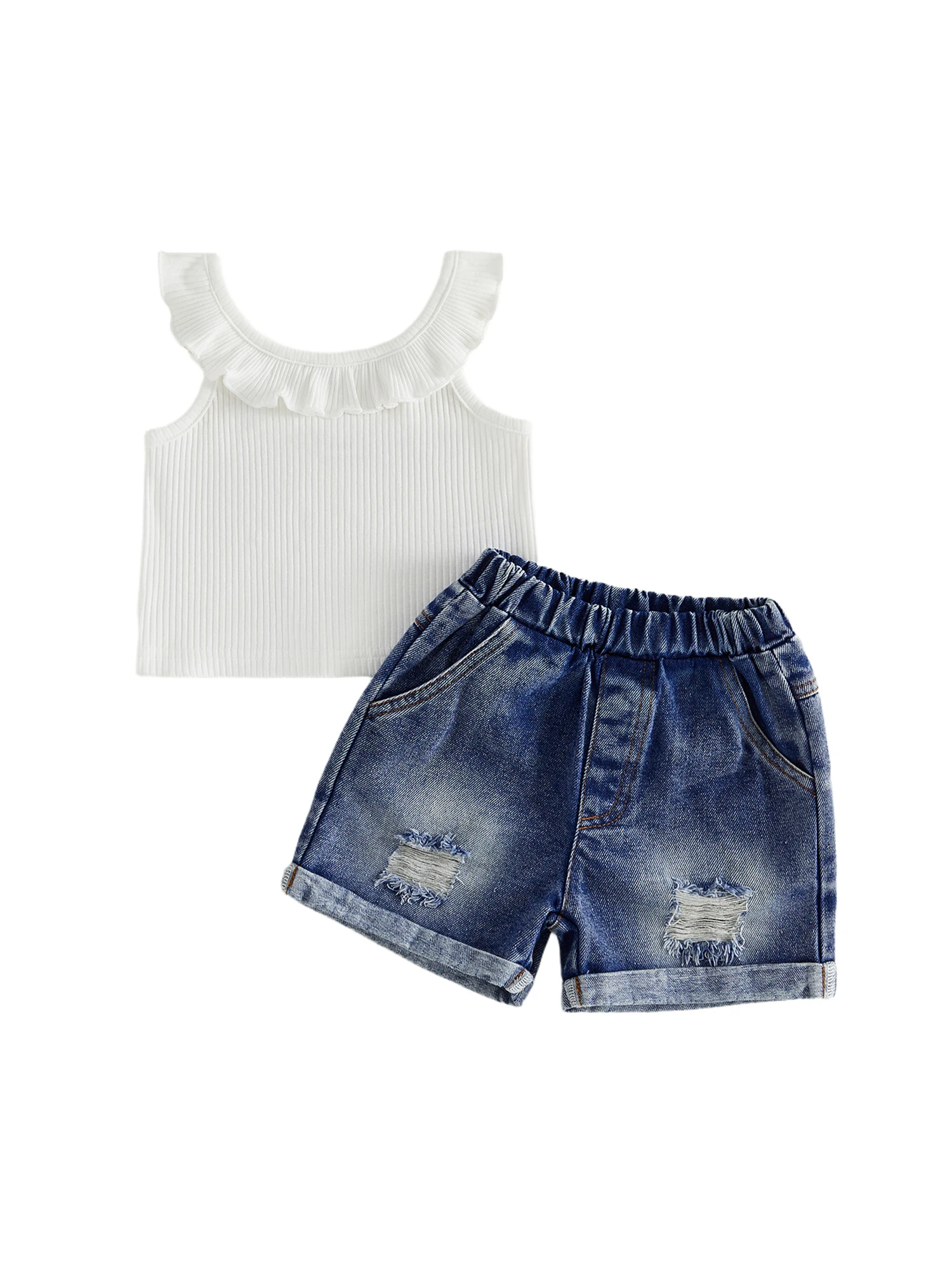 Conjunto de 2 piezas de camiseta sin mangas y pantalón corto de mezclilla para bebé/niña