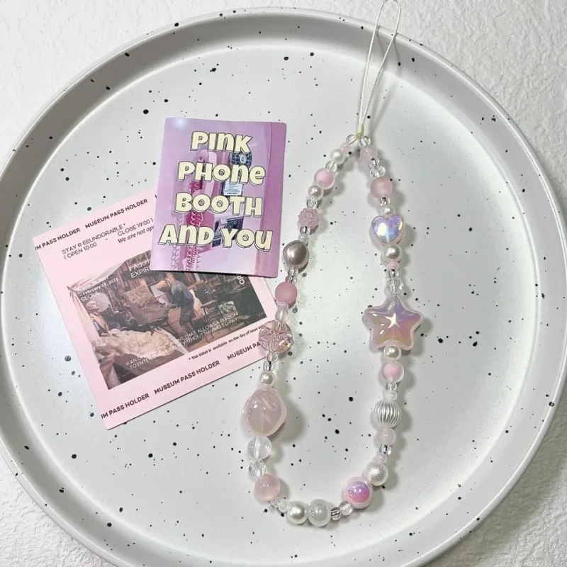 Cordón para teléfono con cuentas corazón y estrella rosa antipérdida - imagen 4