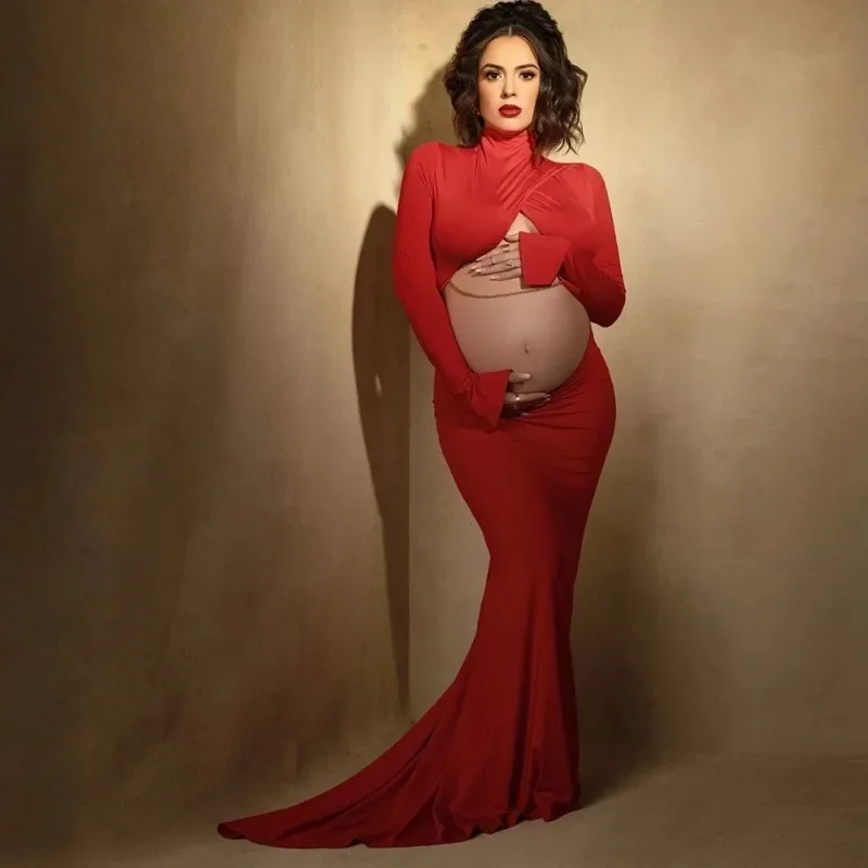 Vestido de maternidad largo manga larga elástico para fotos - imagen 3