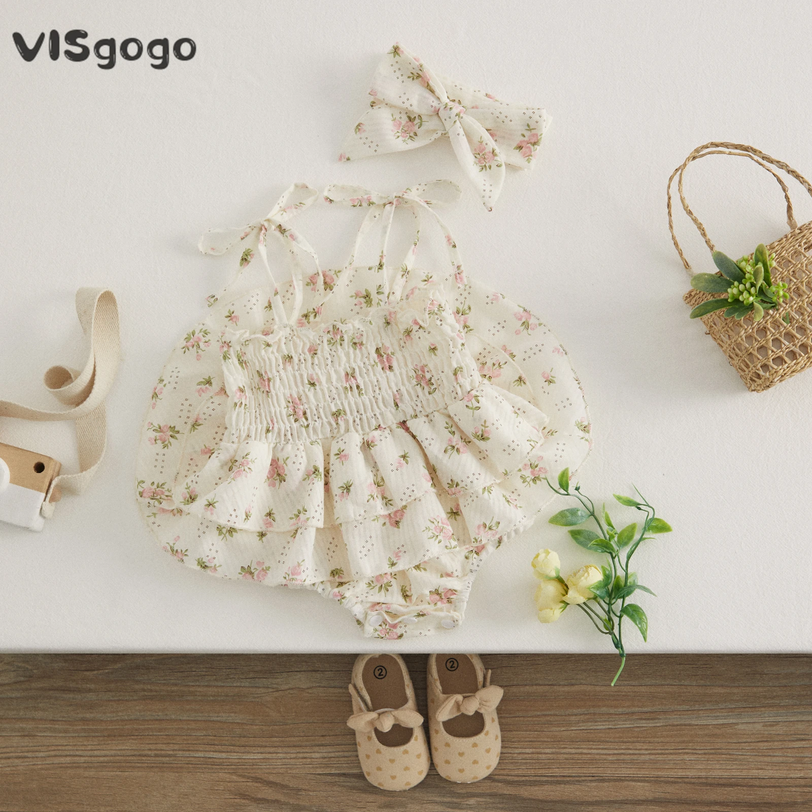 Mono floral de verano para niña sin mangas con volantes y diadema - imagen 4
