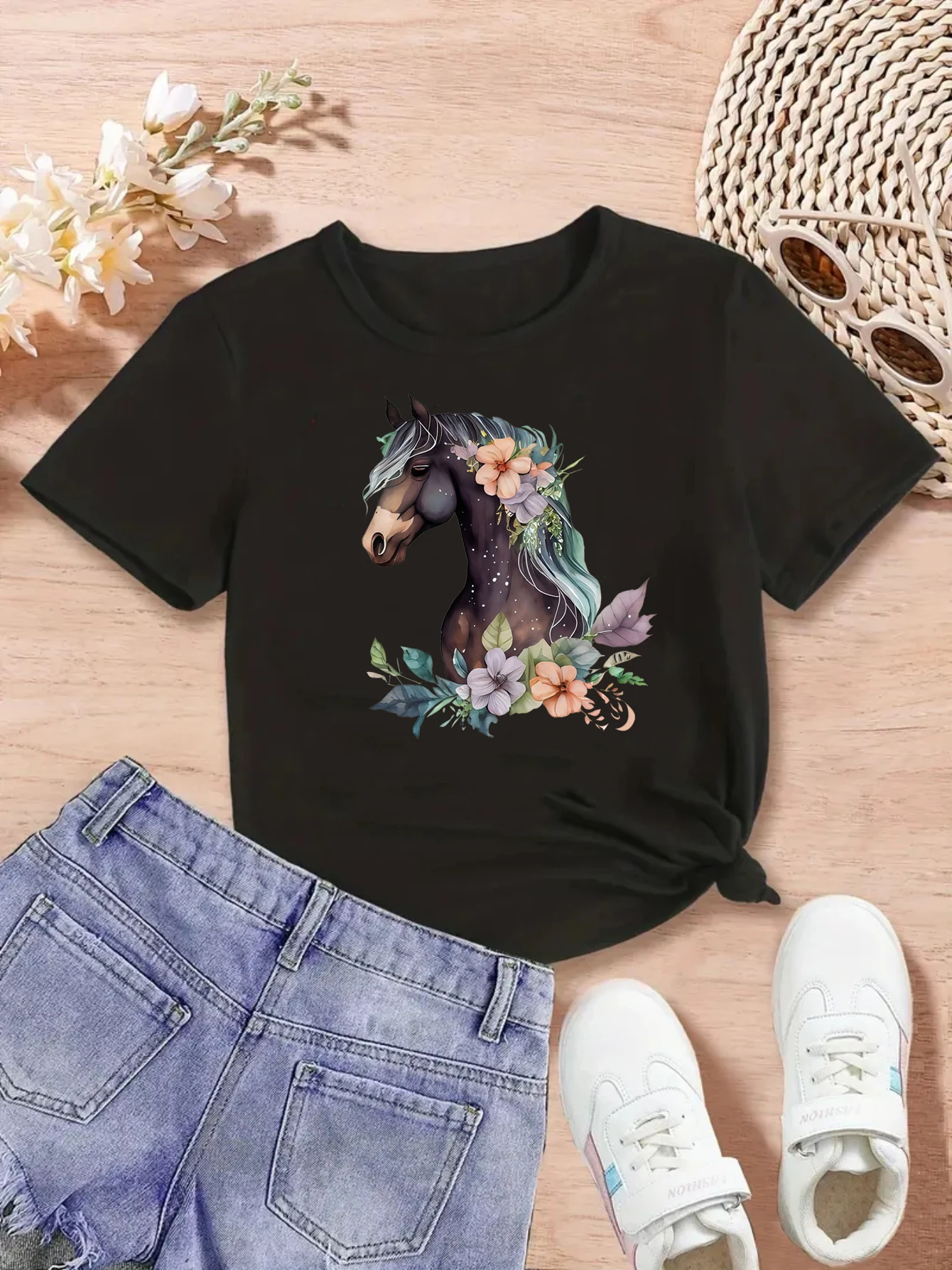 Camiseta de manga corta estampado flores y caballos para niñas - imagen 2