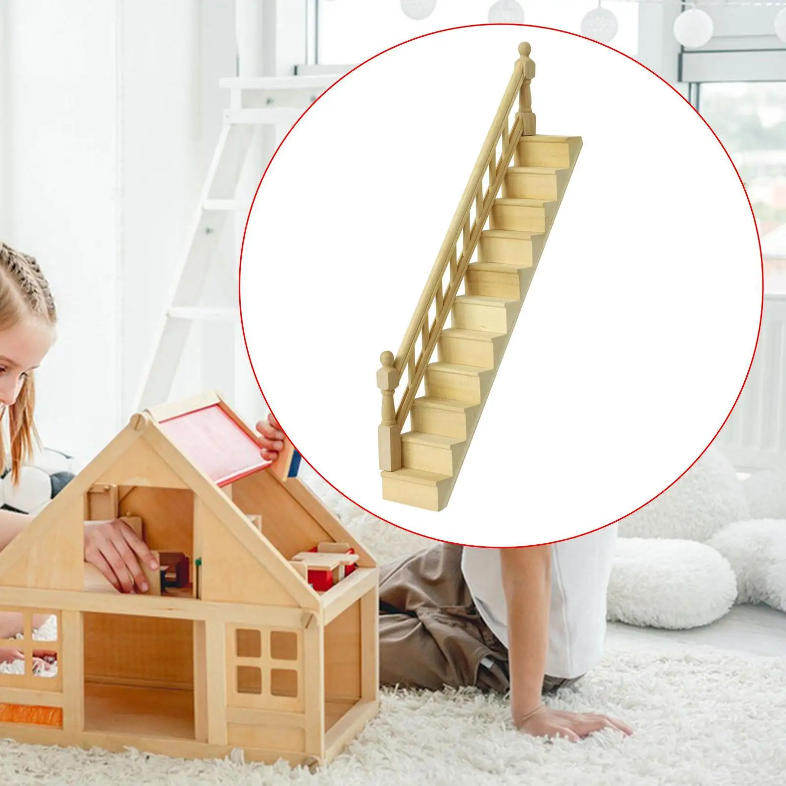 Escalera para casa de muñecas con pasamanos en madera - imagen 4