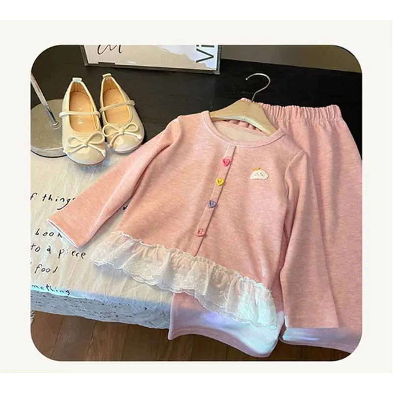 Conjunto de bebé niña dos piezas con encaje y dibujos primaverales