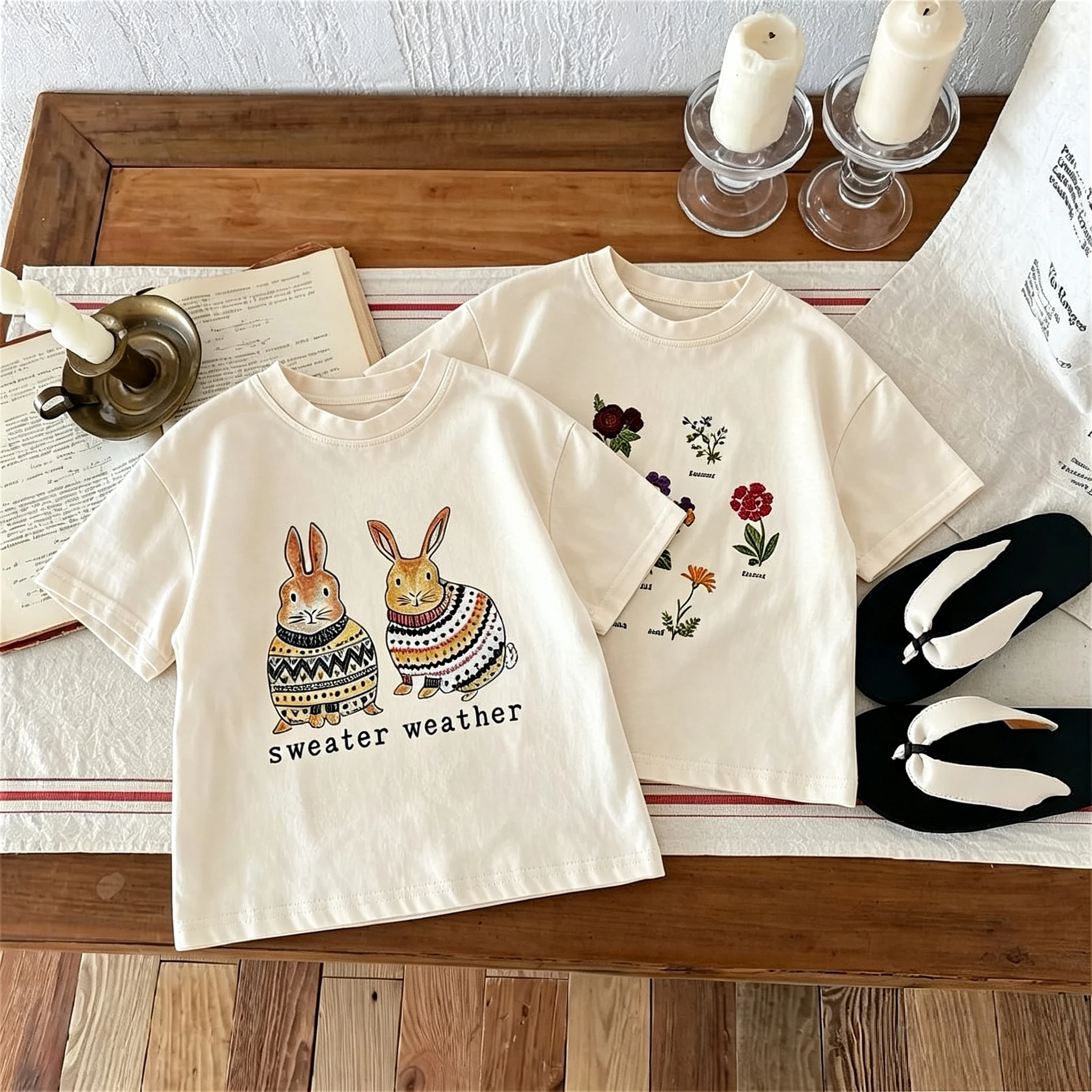Camiseta de manga corta para niños estilo coreano, cuello redondo
