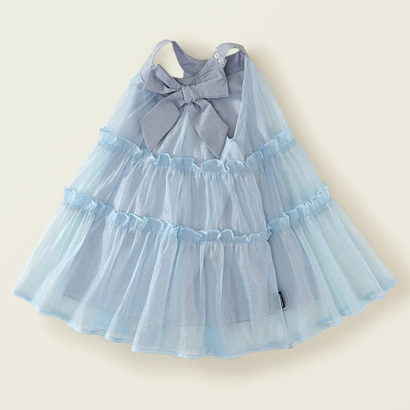 Vestido de verano de malla azul con lazo princesa para bebé - imagen 3