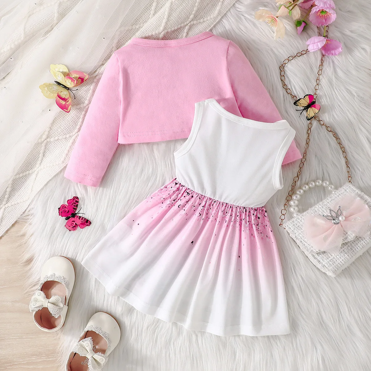 Conjunto bebé niña manga larga de algodón con vestido mariposa y lazo - imagen 4
